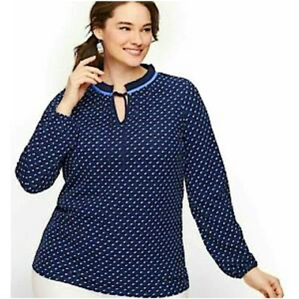 Talbots Womens Size Medium Polka Dot Mod Pleated Blouse Top‎ Blue Retro